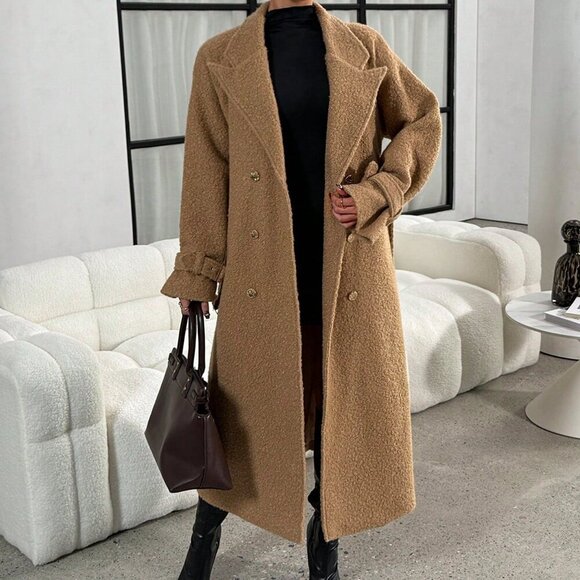 Khaki Casual Women's Teddy Fleece Oversized Trench Coat - Picture 6 of 7